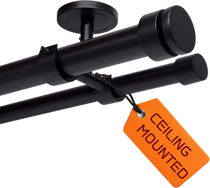 A Key Tech Ceiling Mounted Double Curtain Rod, Heavy Duty Black Double Curtain Rod, Drapery Holder with Three Ceiling Mount Brackets and Installation Hardware Included (Matte Black, 48-84") - Image 1